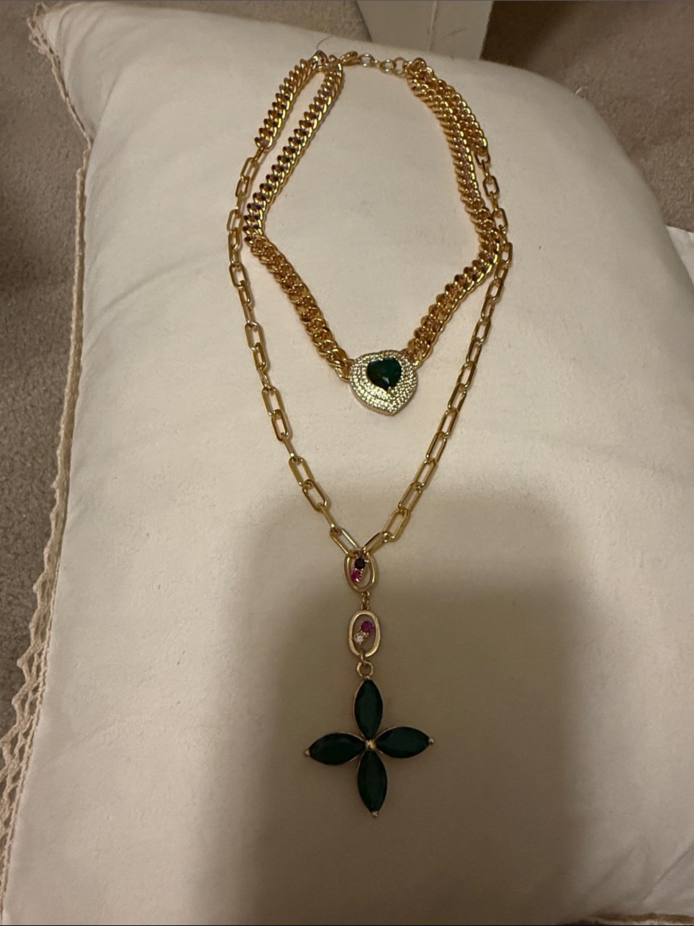 Gold-Tone Layered Necklace with Emerald and Pink Stone Accents